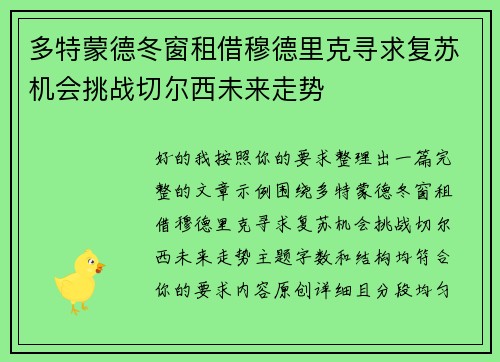 多特蒙德冬窗租借穆德里克寻求复苏机会挑战切尔西未来走势