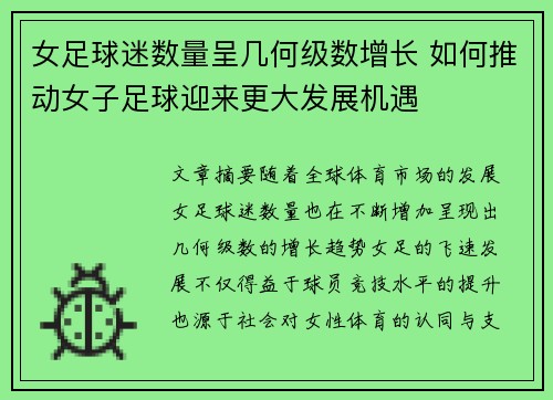 女足球迷数量呈几何级数增长 如何推动女子足球迎来更大发展机遇 女足球迷数量呈几何级数增长 如何推动女子足球迎来更大发展机遇
